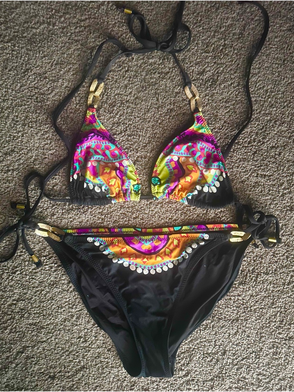 Trina Turk Black triangle Bikini with Multicolor Accents and gold hardware